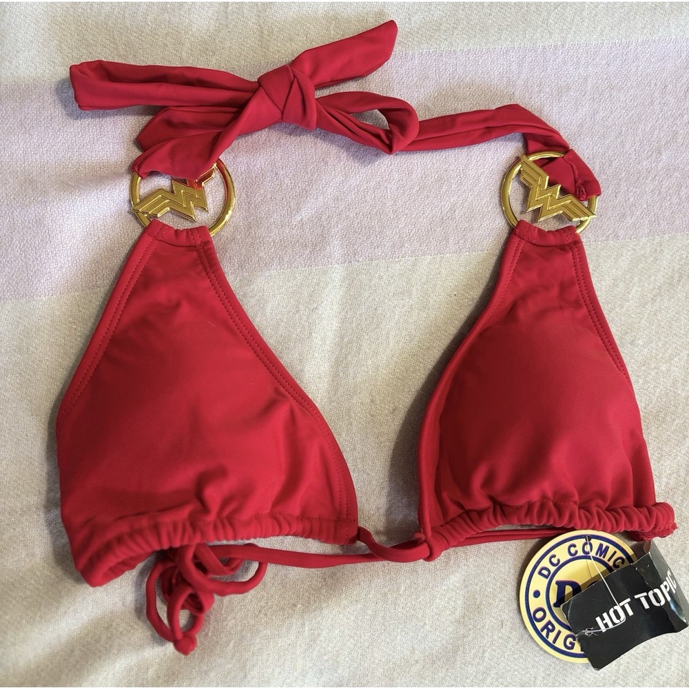 Hot Topic DC Wonder Woman Triangle Bikini Top NWT Red Gold Logo Size Large